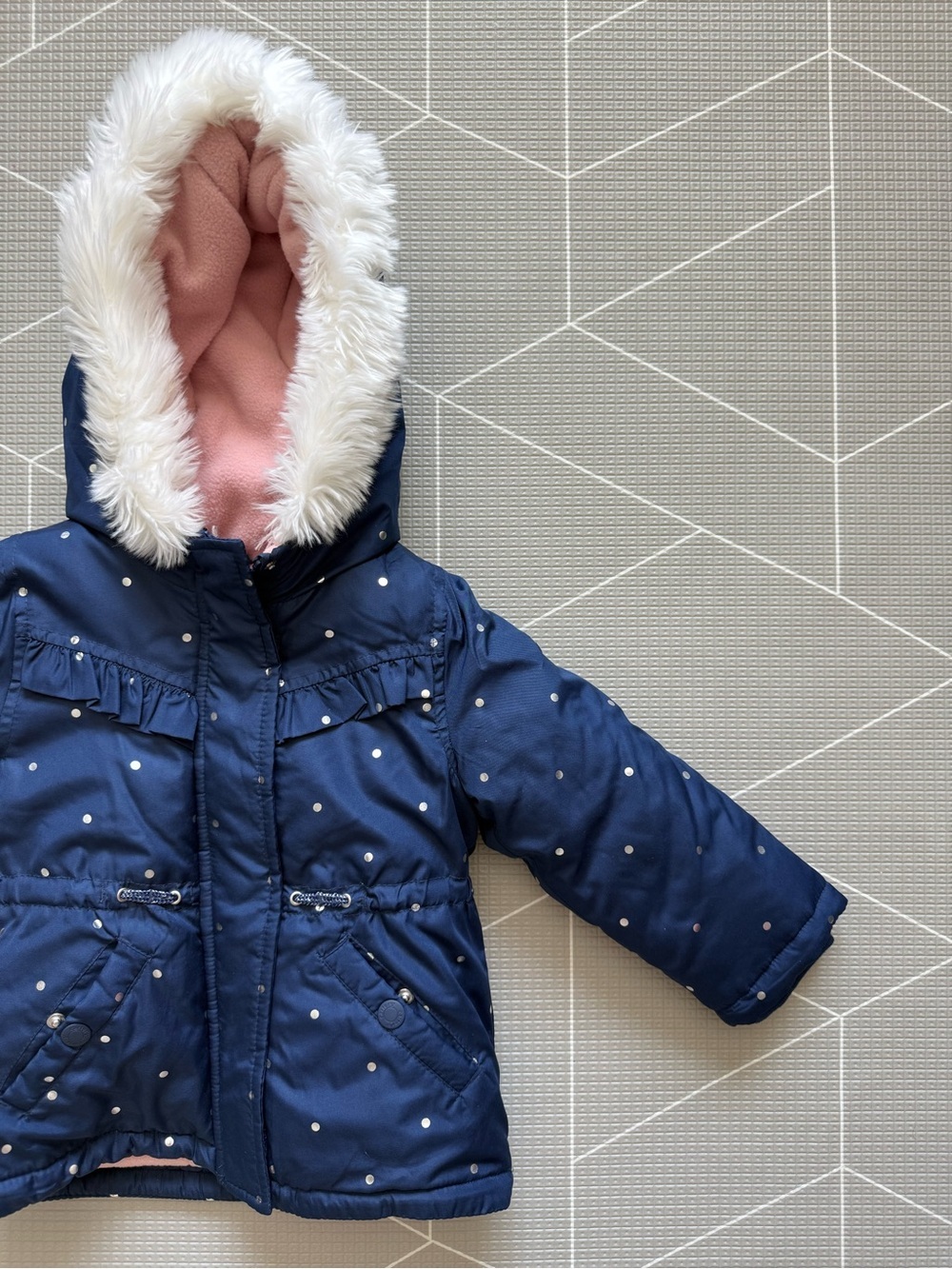 Carters|Baby girl/toddlerNavy Polka Dot Hooded Puffer Jacket with Faux Fur Trim•